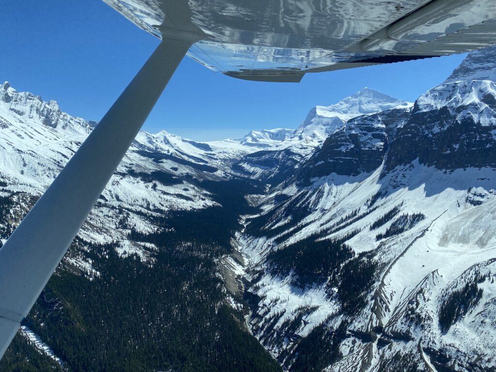 snow capped mountains from a foatplane